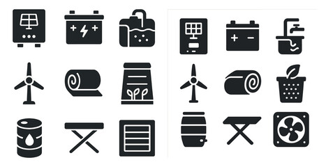 Sustainable energy solid icons set &ndash; renewable, eco-friendly, green power symbols