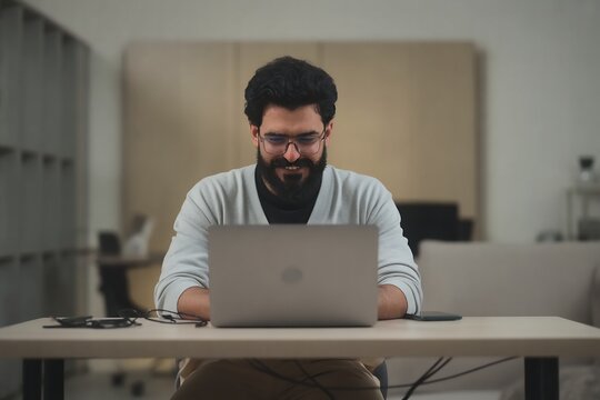 Man working remotely on laptop at desk home office programmer developer coding software engineer job