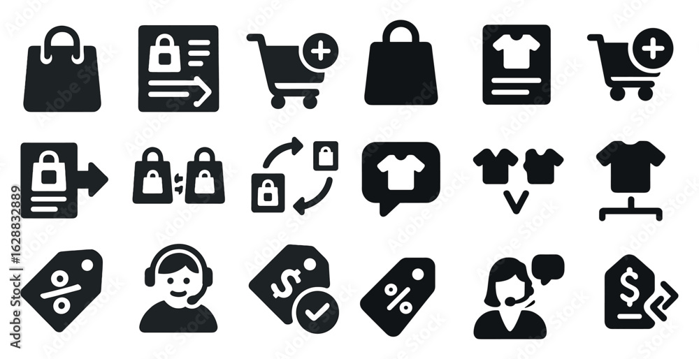 Poster e-commerce and shopping solid icons set – filled, cart and store visual symbols