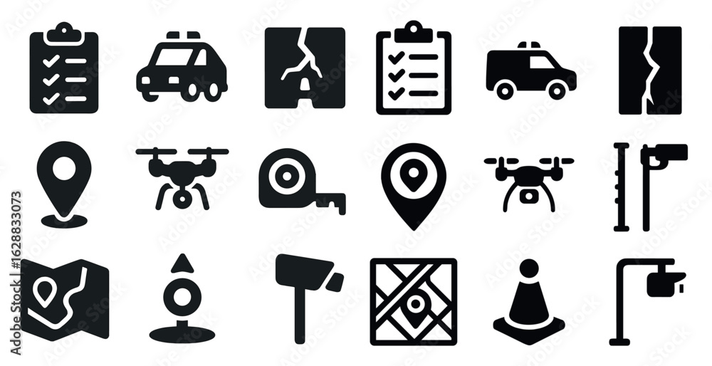 Poster navigation and map icons set – solid, outline, location and gps symbols
