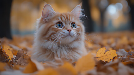 Adorable Ginger Cat in Autumn Leaves