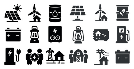 Renewable energy solid icons set – sustainable, green, eco-friendly symbols