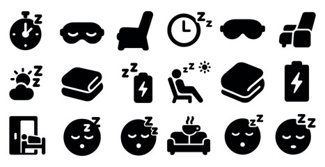 Sleep and relaxation silhouette icons set – solid, filled, bedtime and rest symbols
