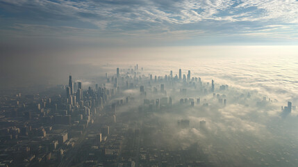Naklejka premium Smog covers a city, skyscrapers barely visible through thick gray air, with the skyline fading into pollution’s heavy mist and haze.