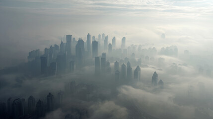 Fototapeta premium Smog covers a city, skyscrapers barely visible through thick gray air, with the skyline fading into pollution’s heavy mist and haze.