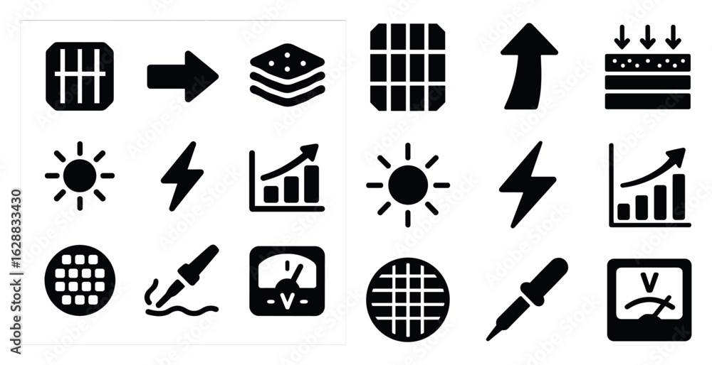 Poster data analysis solid icons set – flat, filled, graphs and chart symbols