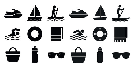 Water sports silhouette icons set – filled, solid, aquatic and swimming symbols
