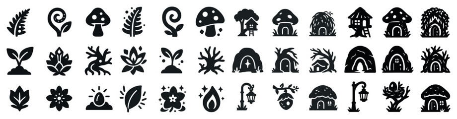 Fototapeta premium Nature solid icons set – silhouette, filled, botanical and forest symbols