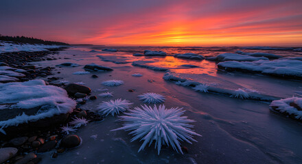 Ice sunset landscape winter beach rocks frozen sea coast scenic nature travel beautiful sky horizon view