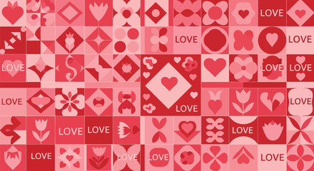 Vector illustration of a vibrant red and pink patterned background composed of various geometric shapes, hearts, flowers, and the word love, perfect for valentines day