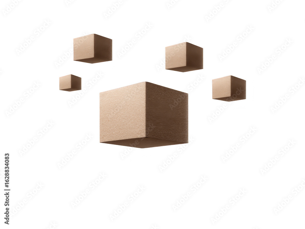 Poster collection of floating geometric cubes in soft beige color, creating modern and minimalist aesthetic