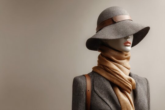 Elegant mannequin wearing stylish hat scarf and textured jacket with ample copy space for text - Powered by Adobe