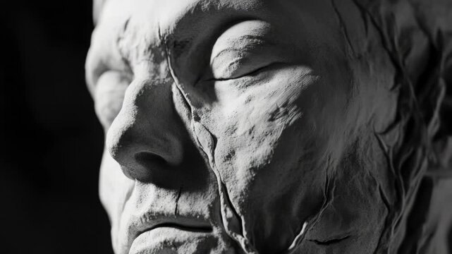 A detailed view of a male statue's facial features