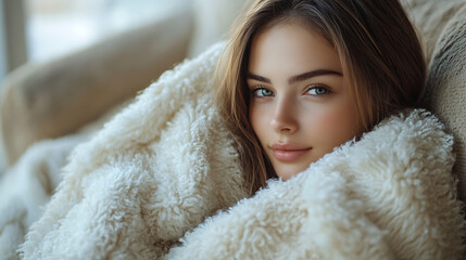 Serene Young Woman Wrapped in a Cozy Blanket, Indoor Portrait