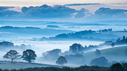 Serene Morning Landscape with Fog and Rolling Hills at Dawn