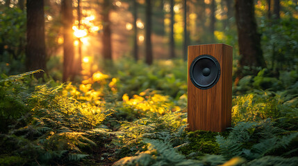 Wooden Speaker in a Sunlit Forest - Nature and Sound Harmony