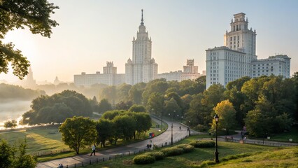 Obraz premium Serene Morning View of Historical Buildings in Urban Landscape