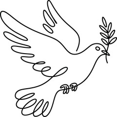 Obraz premium Vector art of dove with olive branch in continuous line drawing isolated on white background, symbolizing peace, hope, and freedom in minimalist style