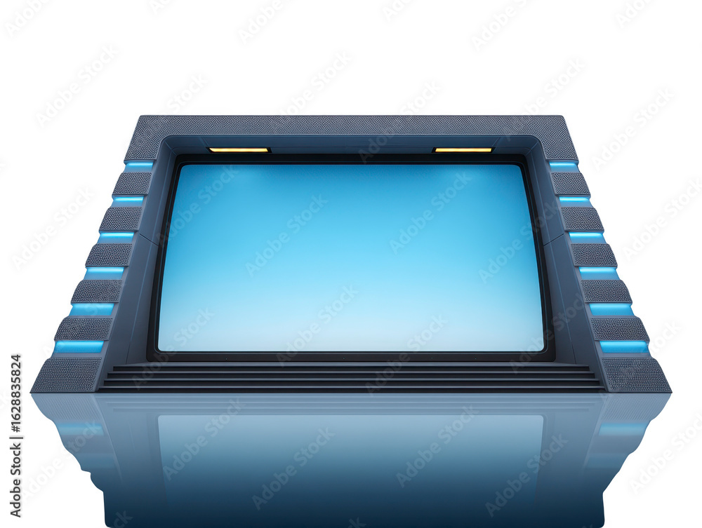 Poster futuristic display screen with sleek design, featuring blue background and illuminated edges, perfec