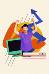Sketch image art pop trend collage of happy businessman receive promotion career keypad qwerty buttons pc monitor arrow progress