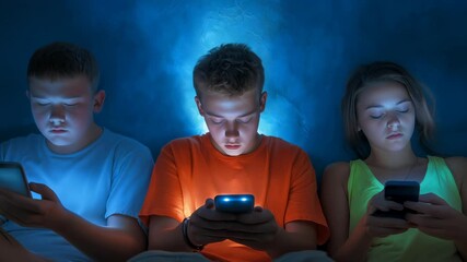 Three young individuals sit side-by-side, individually immersed in smartphone screens, creating visual metaphor of technological isolation against vibrant blue background - Powered by Adobe
