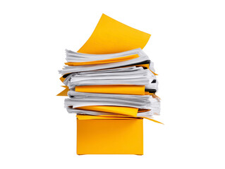 Tall stack of disorganized papers and documents in yellow folder, representing clutter and need for organization. This conveys sense of chaos and importance of managing paperwork effectively