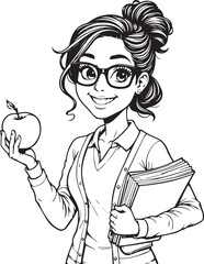 Smart and Kind Teacher: A cartoon teacher with glasses and hair bun holds a book and an apple, embodies warmth and intelligence.