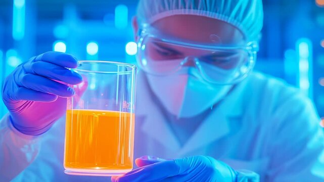 Scientist in protective gear holding orange liquid sample in glass beaker. Wearing blue gloves, safety glasses, and hair cover. Intense blue laboratory environment with dramatic lighting.