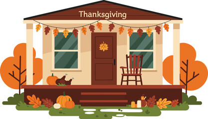 Obraz premium Thanksgiving decorated house with fall leaves pumpkin and turkey on porch vector illustration for autumn celebration and holiday season design 