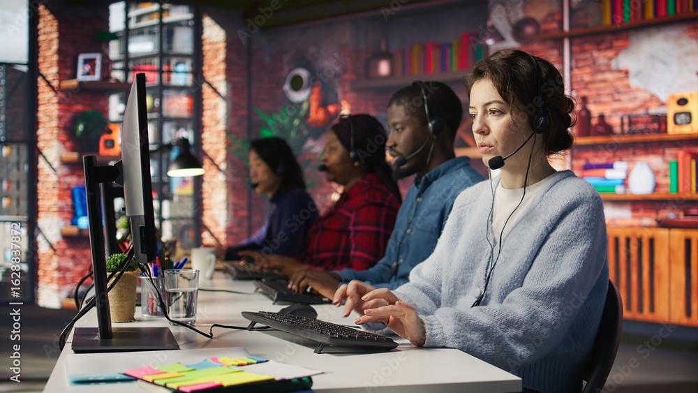 Aufkleber teamworking call center coworkers in office helping customers by answering questions. team of agents
