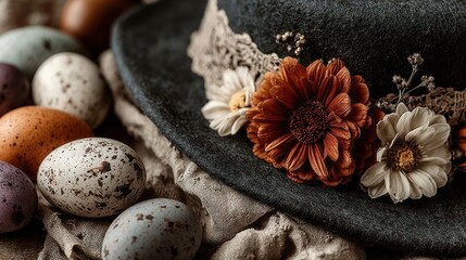 Festive Easter Decor with Colorful Eggs and Flowers and Black Hat