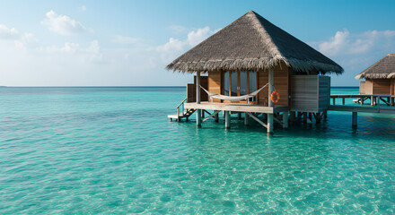 Tropical island resort overwater bungalow maldives vacation turquoise water beach travel destination getaway 100