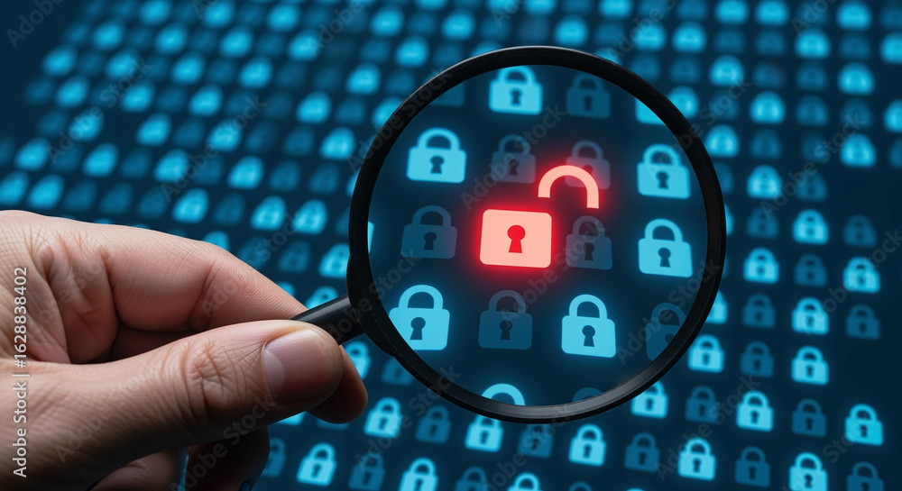 Aufkleber hand holding magnifying glass, security engineer identifying data security vulnerabilities in intern