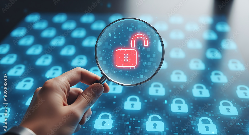 Poster hand holding magnifying glass, security engineer identifying data security vulnerabilities in intern