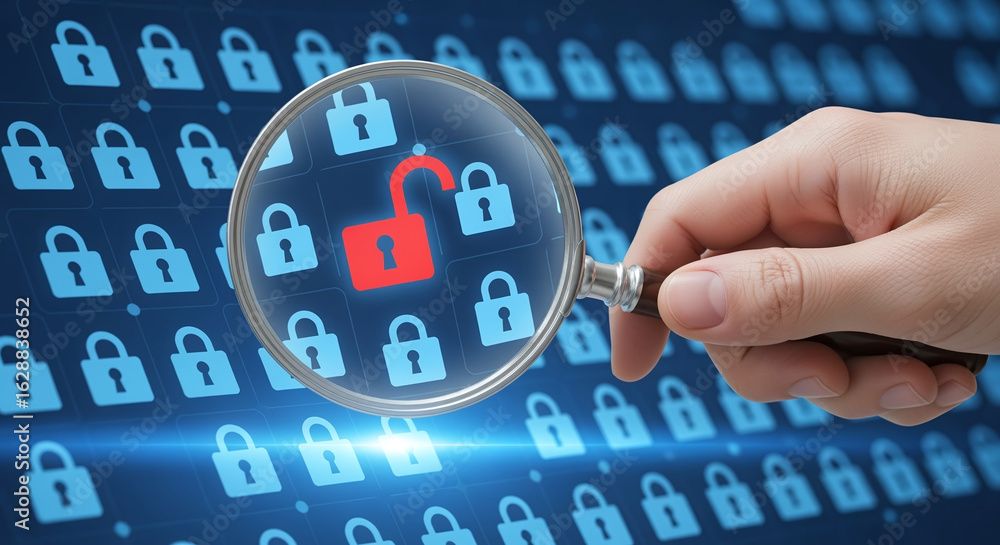Poster hand holding magnifying glass, security engineer identifying data security vulnerabilities in intern