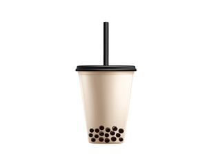 Stylish bubble tea cup featuring transparent design with black lid and straw, filled with tapioca pearls at bottom. This trendy beverage container is perfect for enjoying refreshing drinks