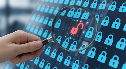 Hand holding magnifying glass, security engineer identifying data security vulnerabilities in internet network, unlocked padlock icon and many more locked padlock icons.