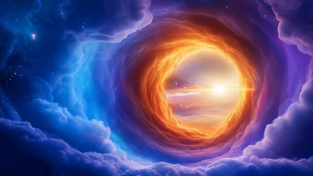 Vibrant circular energy portal with orange-yellow center surrounded by blue and purple cosmic clouds. Luminous celestial phenomenon with starry background and intense swirling light patterns