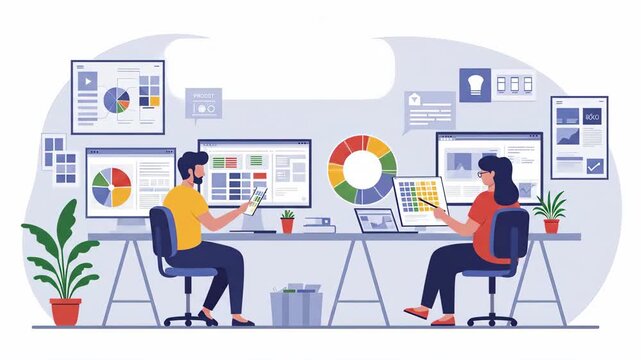 Flat vector a creative design team is collaborating on a project, using computers and online tools for data analysis, chart presentations, and strategic planning in a modern office workspace