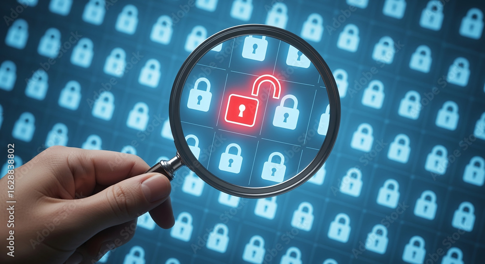 Aufkleber hand holding magnifying glass, security engineer identifying data security vulnerabilities in intern
