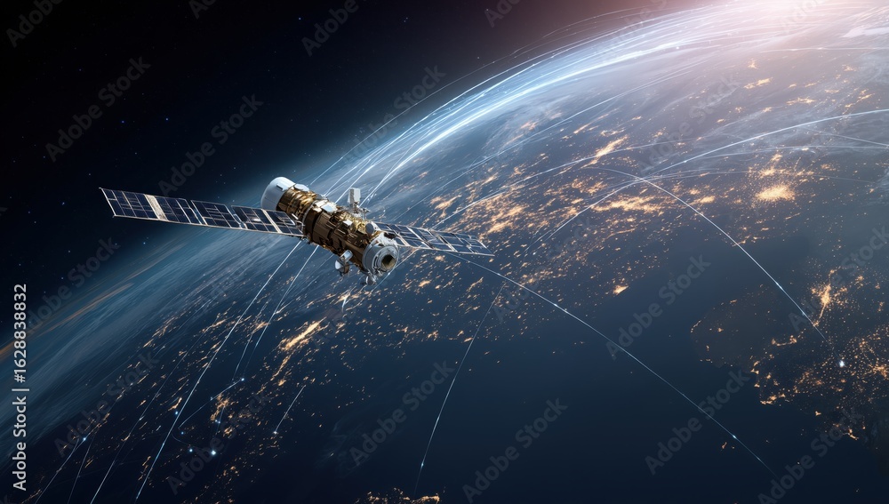 Poster a satellite in orbit above earth, connecting multiple places on the ground with data and communicati