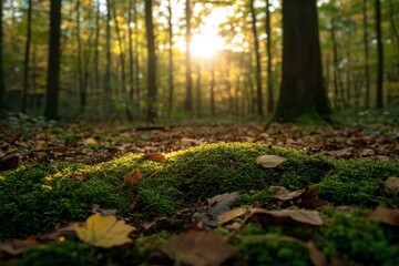 Fototapeta premium A kaleidoscope of colors dances across the forest floor, where autumn leaves shine with a warm backlight