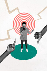 Sketch image 3d pop banner collage of angry man scream megaphone target hands show dislike gesture...