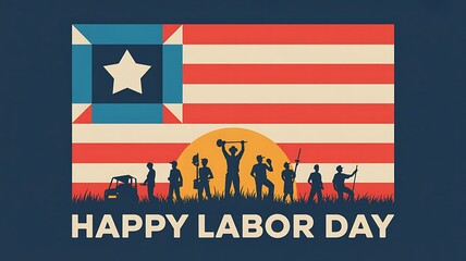 Silhouette workers celebrate Labor Day beneath a stylized American flag graphic celebration