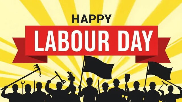 Happy Labour Day vector illustration showing a crowd of united workers in silhouette. People holding tools and flags celebrate International Workers' Day.