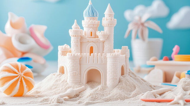 Intricate sandcastle with blue turret surrounded by soft white sand and whimsical beach elements under pastel blue sky, evoking dreamy summer playtime - Powered by Adobe