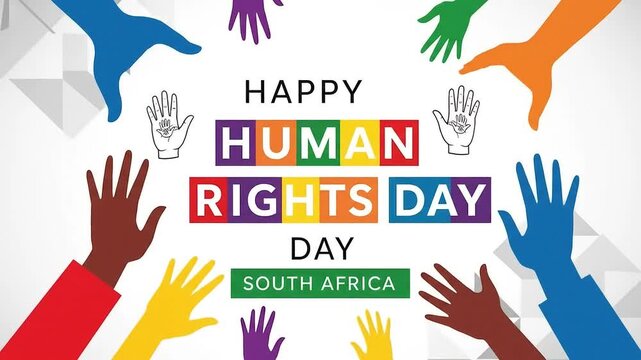 A vibrant and modern vector illustration celebrating Human Rights Day in South Africa, with diverse, colorful hands raised in unity and freedom.