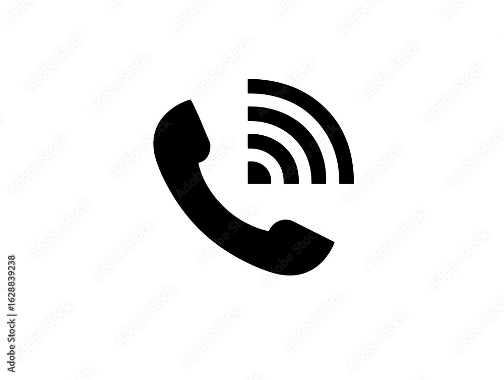 Poster simple black telephone icon representing communication and connectivity, featuring sound waves indic