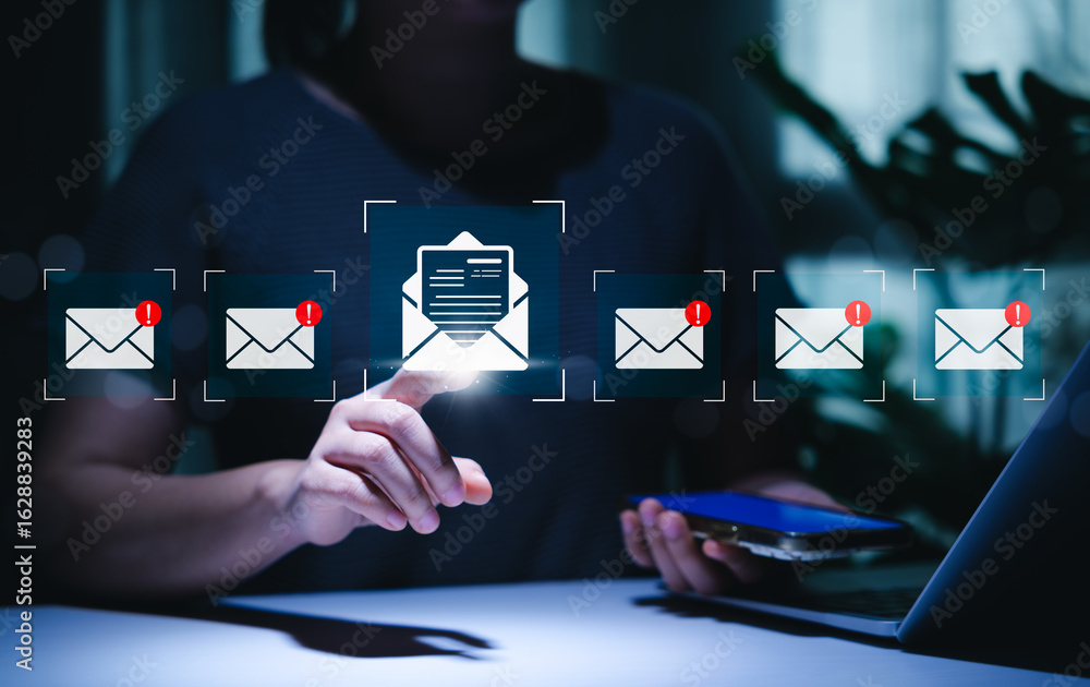 Poster new email notification interaction concept. person interacts with email icons featuring alert symbol
