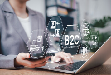 B2C Business to Customer Marketing Strategy Concept. Person working with B2C icons, online...